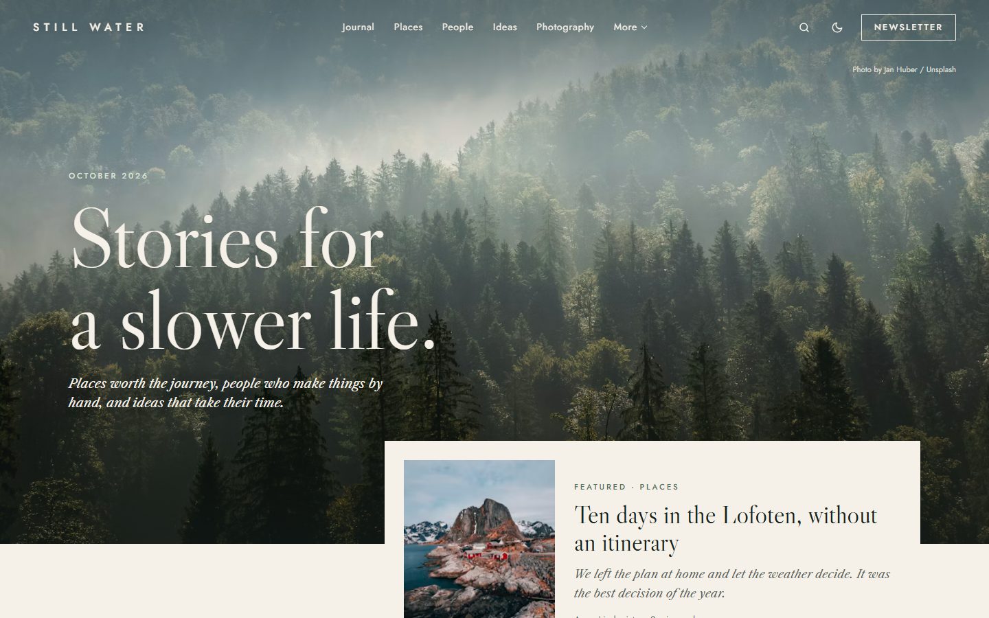 Evergreen homepage with the photographic hero and the featured story panel
